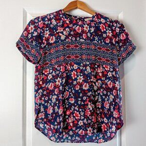 LOFT Blue Pink Red Floral Hi-Lo Short Sleeve Top
